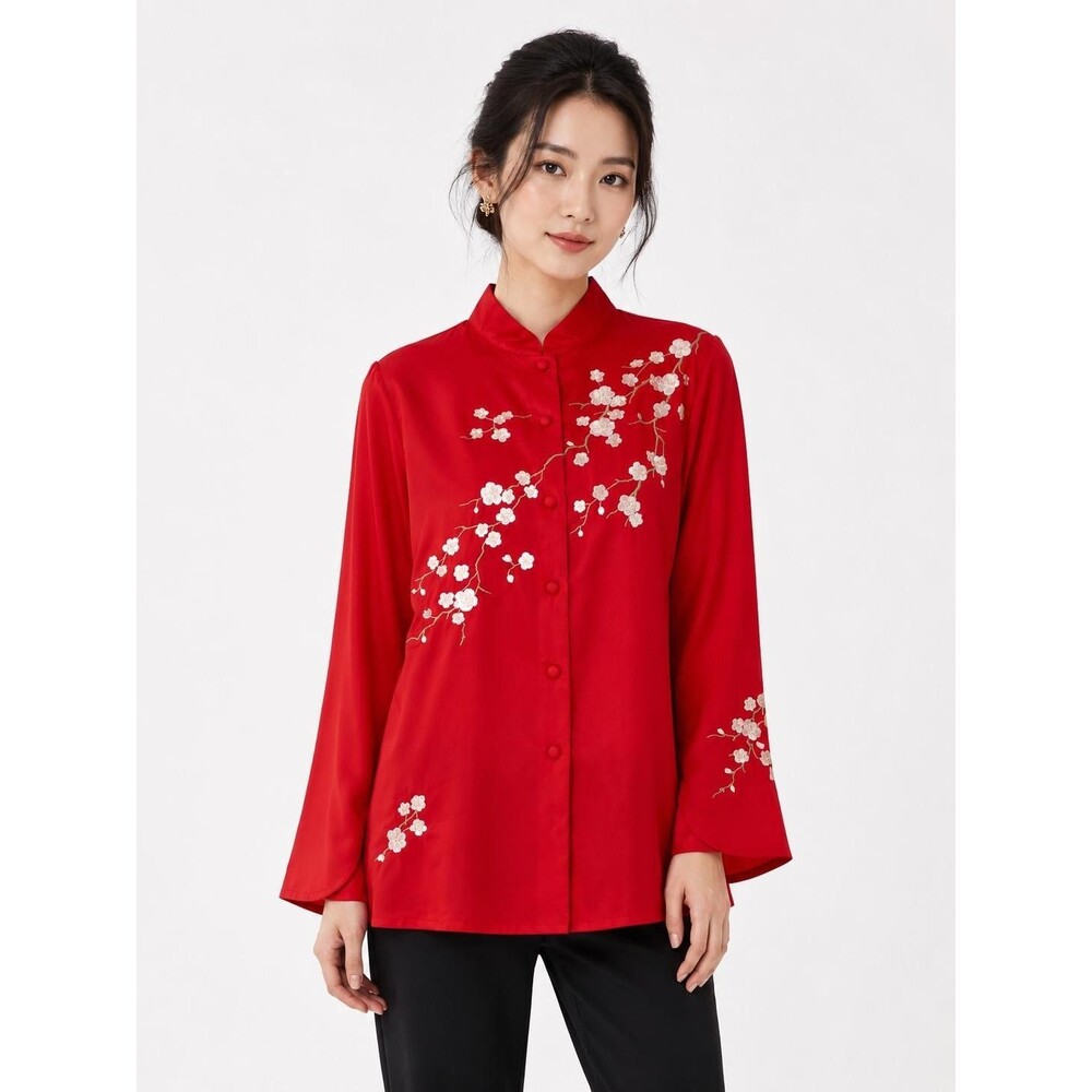 Yi Lin Red Silk Embroidered Floral Mandarin Collar Blouse Womens L